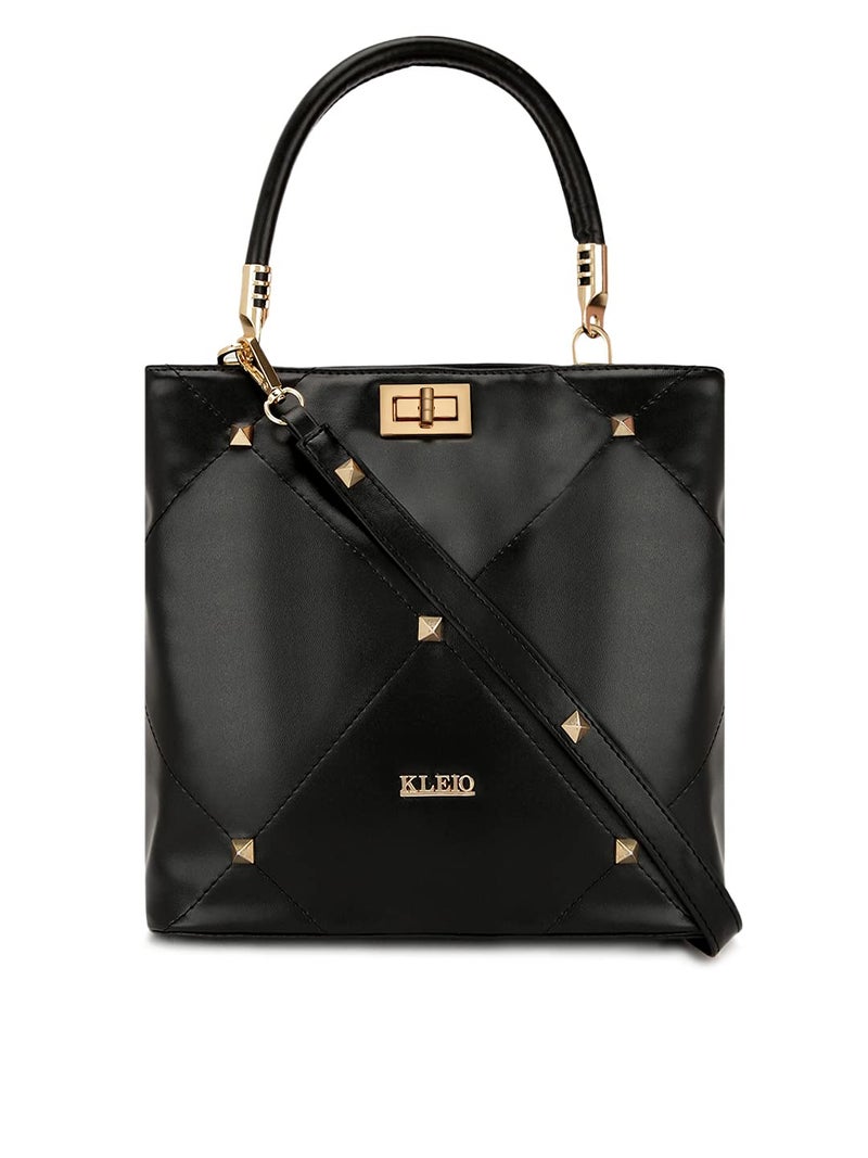 KLEIO Gold Studded Top Handle Handbag for Women - Black - Image 4